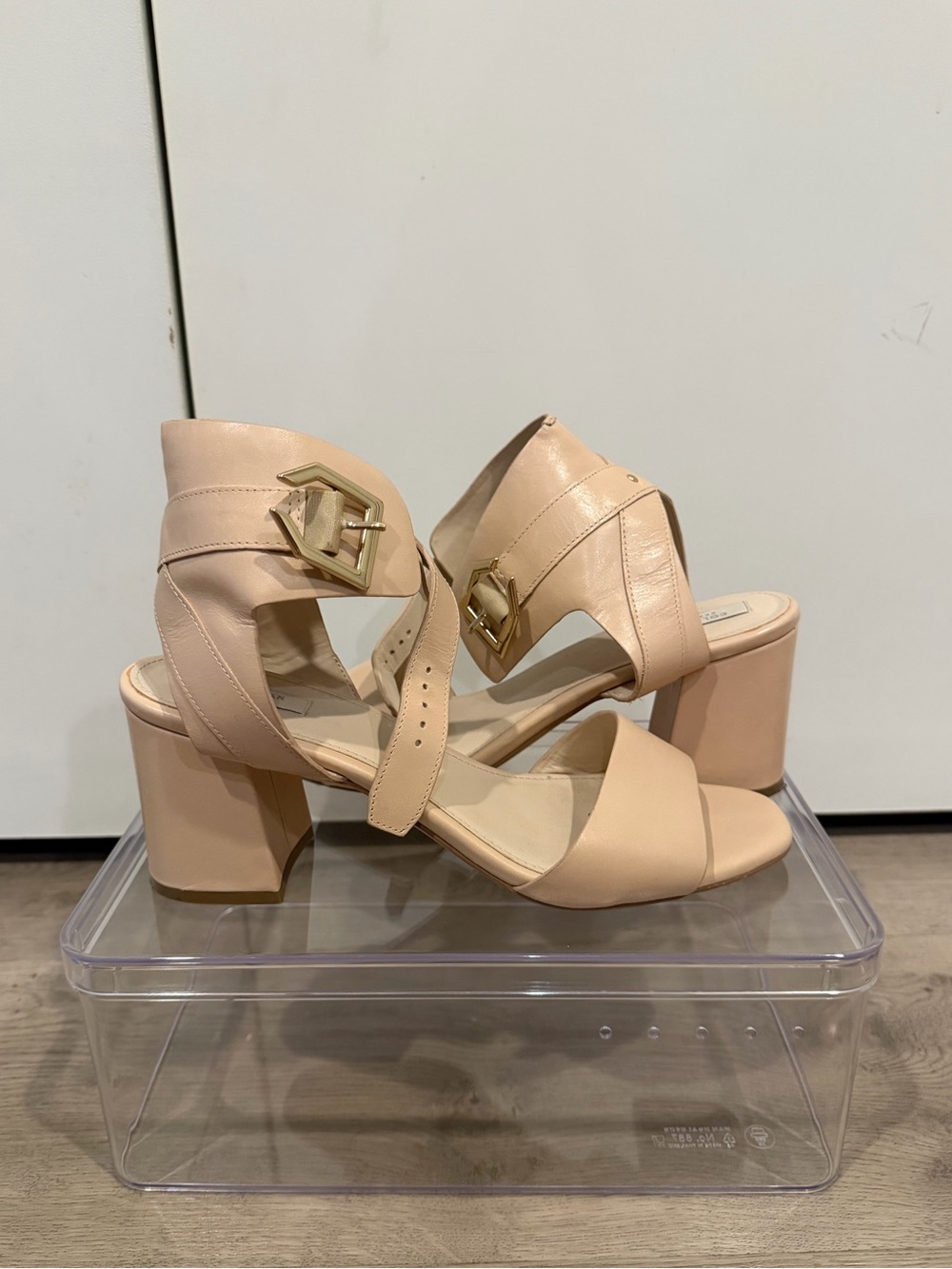 Cole Haan Nude Block Heel Sandals with Gold Buckle